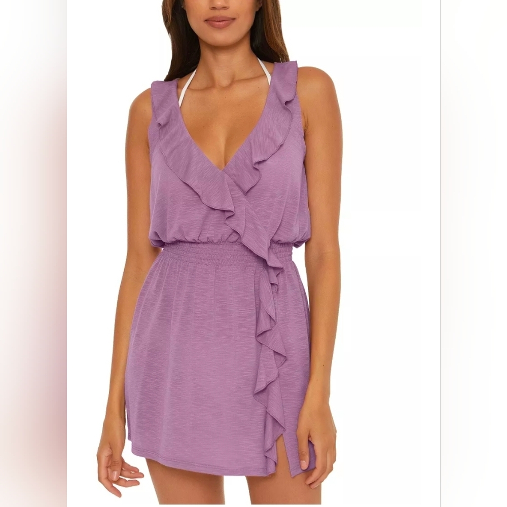BECCA Breezy Basic Ruffled Dress Swim Cover Up: Violet: Size- Small